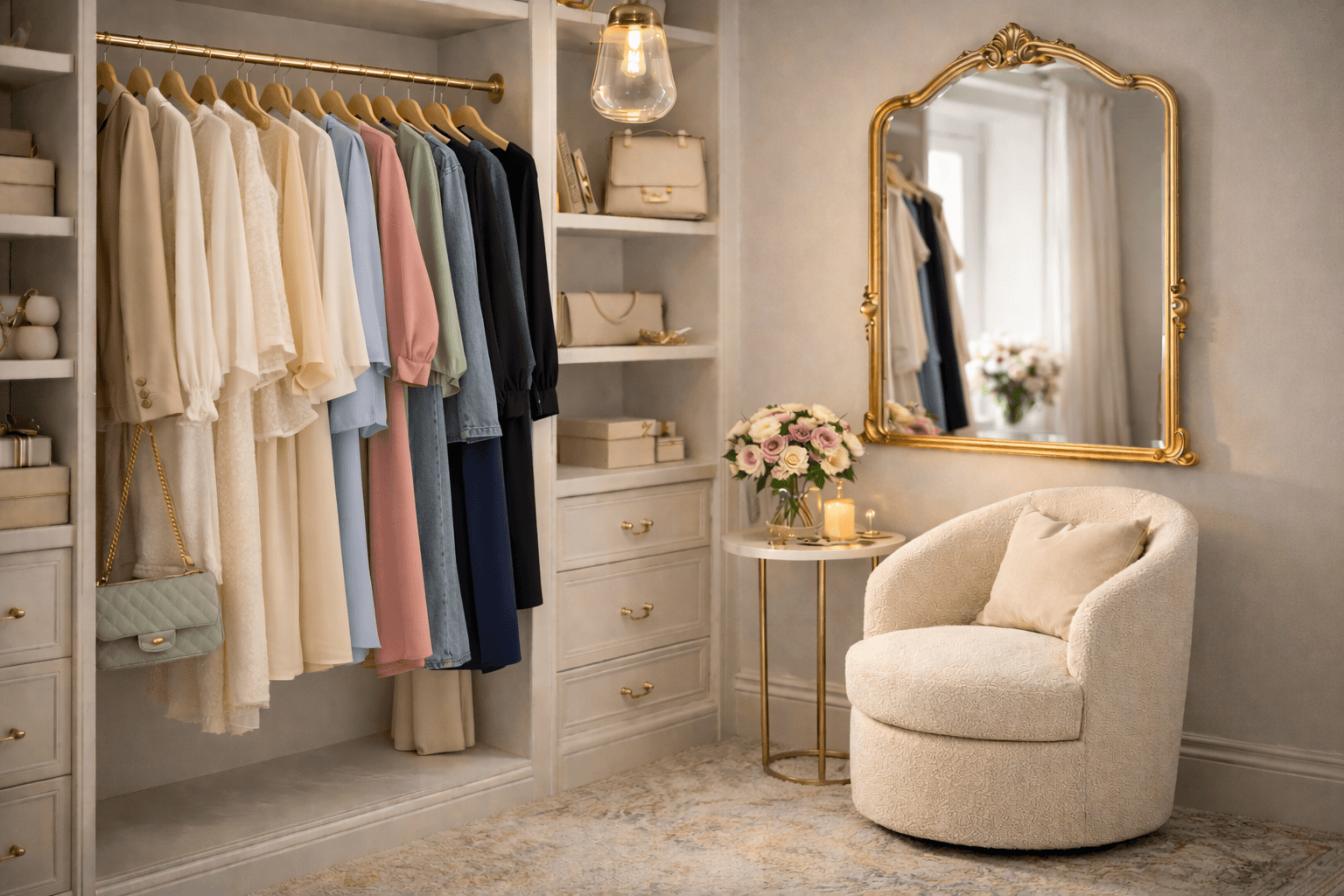 elegant bedroom closet with a mirror and boucle accent chair