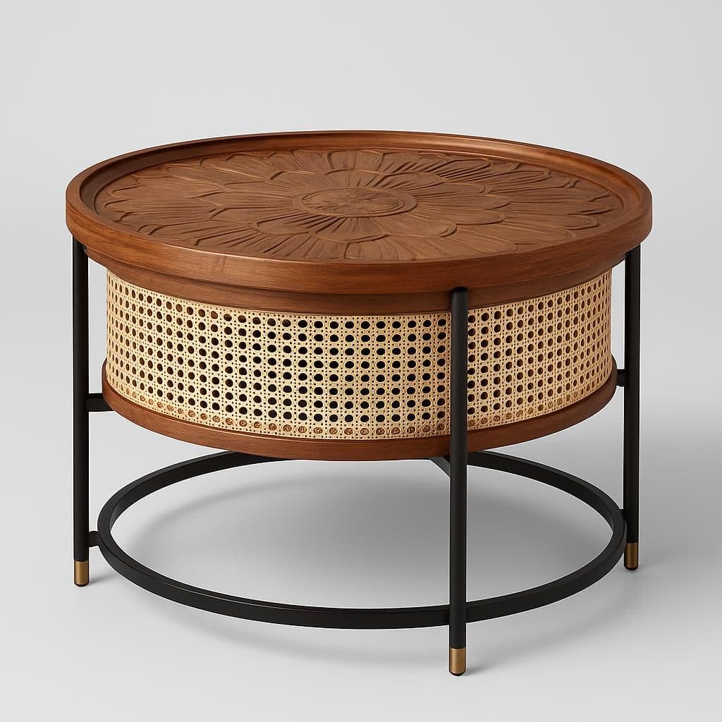 GDFStudio Boho Round Rattan Storage Coffee Table